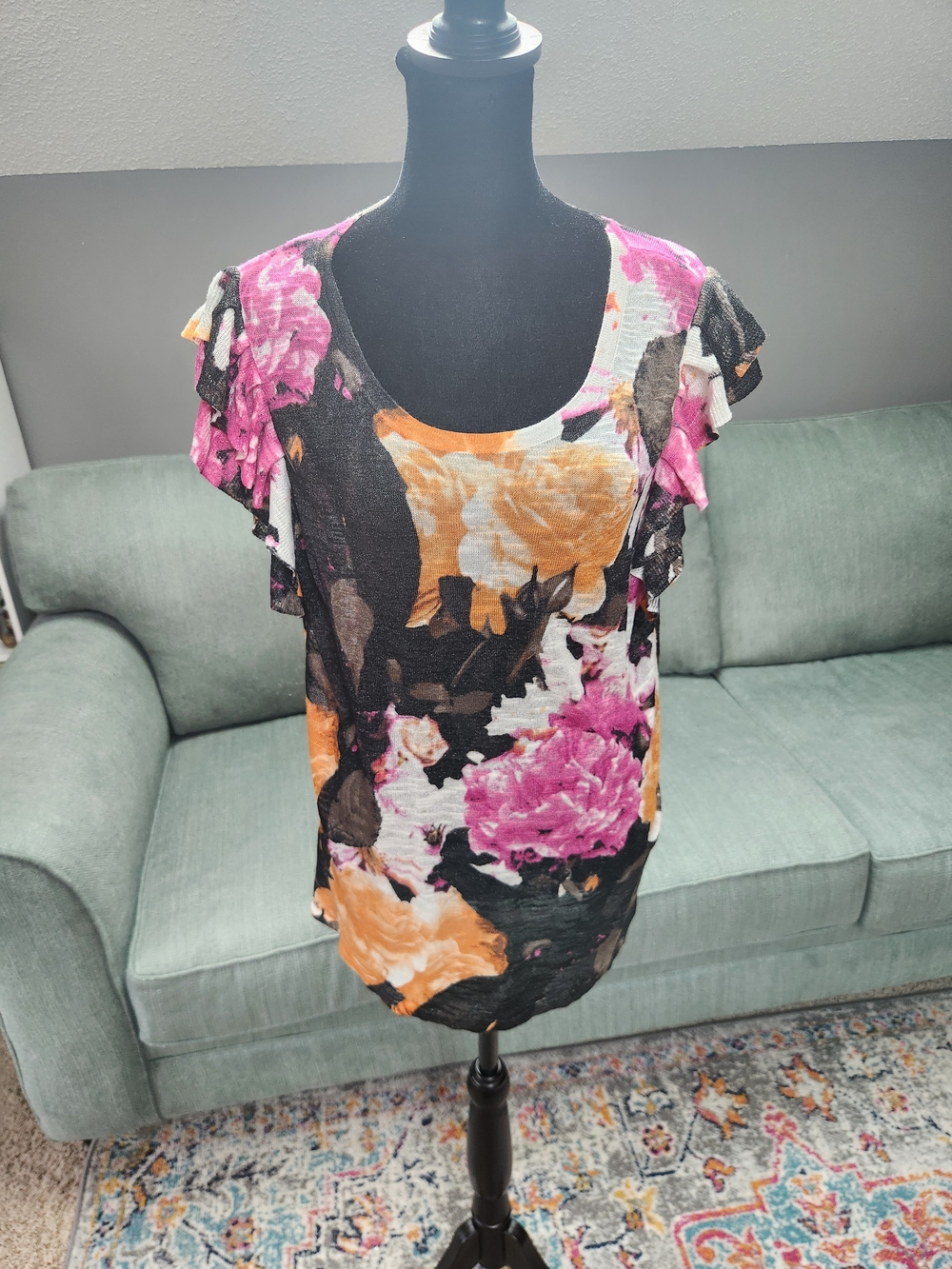 INC International Conceptsl Foral Ruffle Sleeve Knit Top - Pink/Orange Large